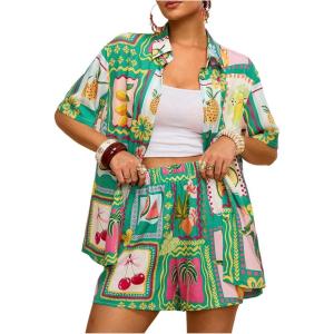 image:imageFloerns Womens Plus Size 2 Piece Outfit Tropical Print Kimono Top and Shorts SetBright Green