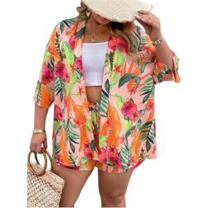 image:imageFloerns Womens Plus Size 2 Piece Outfit Tropical Print Kimono Top and Shorts SetLight Pink Multi