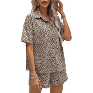 image:imageFloerns Womens Plus Size 2 Piece Outfit Tropical Print Kimono Top and Shorts SetMocha Brown