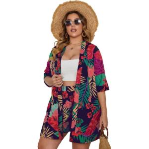 image:imageFloerns Womens Plus Size 2 Piece Outfit Tropical Print Kimono Top and Shorts SetNavy Blue