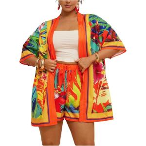 image:imageFloerns Womens Plus Size 2 Piece Outfit Tropical Print Kimono Top and Shorts SetOrange Multi