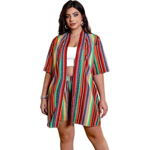 image:imageFloerns Womens Plus Size 2 Piece Outfit Tropical Print Kimono Top and Shorts SetRainbow Multi