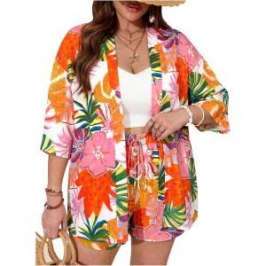 image:imageFloerns Womens Plus Size 2 Piece Outfit Tropical Print Kimono Top and Shorts SetWhite Pink Floral