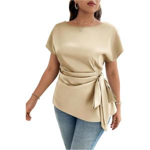 image:imageFloerns Womens Plus Size Asymmetrical Tops Pleated Crew Neck Short Sleeve Belted BlouseApricot