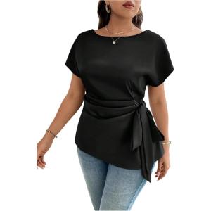 image:imageFloerns Womens Plus Size Asymmetrical Tops Pleated Crew Neck Short Sleeve Belted BlouseBlack