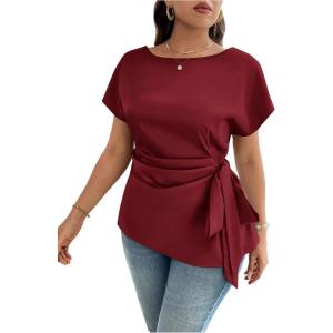 image:imageFloerns Womens Plus Size Asymmetrical Tops Pleated Crew Neck Short Sleeve Belted BlouseBurgundy