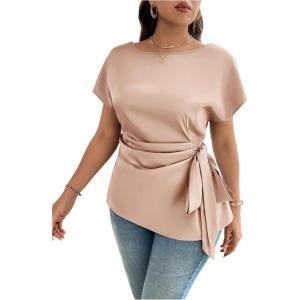 image:imageFloerns Womens Plus Size Asymmetrical Tops Pleated Crew Neck Short Sleeve Belted BlouseChampagne