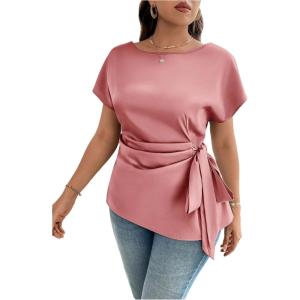 image:imageFloerns Womens Plus Size Asymmetrical Tops Pleated Crew Neck Short Sleeve Belted BlouseDusty Pink