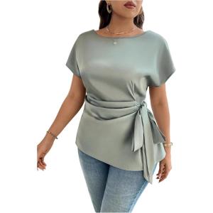 image:imageFloerns Womens Plus Size Asymmetrical Tops Pleated Crew Neck Short Sleeve Belted BlouseGreen