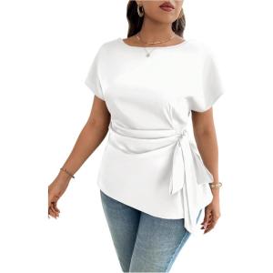 image:imageFloerns Womens Plus Size Asymmetrical Tops Pleated Crew Neck Short Sleeve Belted BlouseWhite