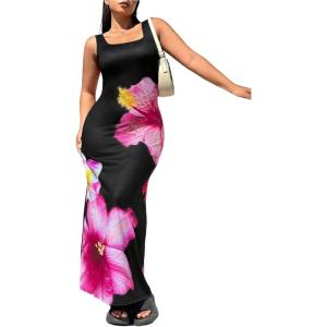 image:imageFloerns Womens Plus Size Floral Maxi Tank Dress Square Neck Casual Bodycon DressesBlack and Pink