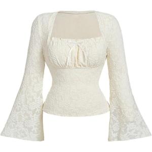 image:imageFloerns Womens Plus Size Grunge Floral Mesh Flare Sleeve T Shirt Bow Tie Square Neck Concert Tee TopsApricot