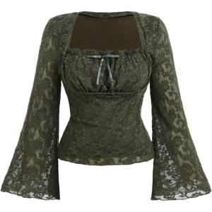 image:imageFloerns Womens Plus Size Grunge Floral Mesh Flare Sleeve T Shirt Bow Tie Square Neck Concert Tee TopsArmy Green