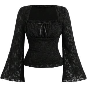 image:imageFloerns Womens Plus Size Grunge Floral Mesh Flare Sleeve T Shirt Bow Tie Square Neck Concert Tee TopsBlack