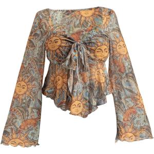 image:imageFloerns Womens Plus Size Grunge Floral Mesh Flare Sleeve T Shirt Bow Tie Square Neck Concert Tee TopsOrange Multi