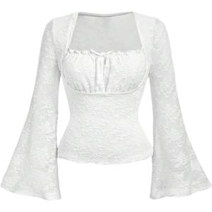 image:imageFloerns Womens Plus Size Grunge Floral Mesh Flare Sleeve T Shirt Bow Tie Square Neck Concert Tee TopsWhite
