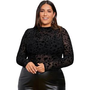 image:imageFloerns Womens Plus Size Leopard Print Mock Neck Mesh Long Sleeve Tee Shirt TopBlack