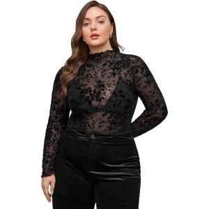 image:imageFloerns Womens Plus Size Leopard Print Mock Neck Mesh Long Sleeve Tee Shirt TopBlack Flower Multi