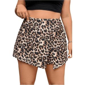 image:imageFloerns Womens Plus Size Leopard Print Slit Skorts Asymmetrical Hem Skirt ShortsBrown