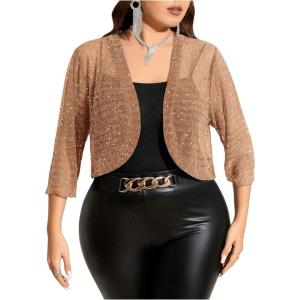 image:imageFloerns Womens Plus Size Mesh 34 Sleeve Open Front Bolero Party Cropped Cardigan JacketApricot