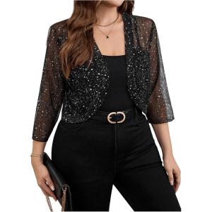 image:imageFloerns Womens Plus Size Mesh 34 Sleeve Open Front Bolero Party Cropped Cardigan JacketBlack