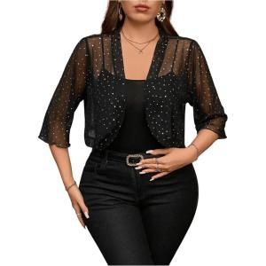 image:imageFloerns Womens Plus Size Mesh 34 Sleeve Open Front Bolero Party Cropped Cardigan JacketBlack Rhinestone