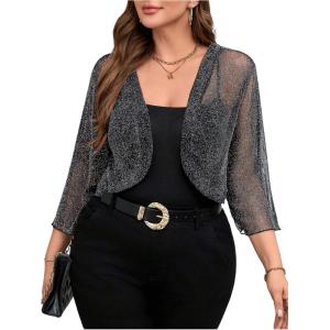 image:imageFloerns Womens Plus Size Mesh 34 Sleeve Open Front Bolero Party Cropped Cardigan JacketBlack Solid