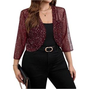 image:imageFloerns Womens Plus Size Mesh 34 Sleeve Open Front Bolero Party Cropped Cardigan JacketBurgundy