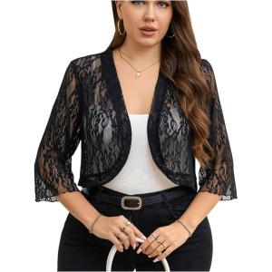 image:imageFloerns Womens Plus Size Mesh 34 Sleeve Open Front Bolero Party Cropped Cardigan JacketDark Black