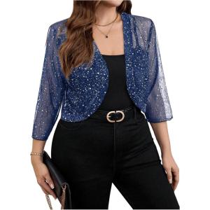 image:imageFloerns Womens Plus Size Mesh 34 Sleeve Open Front Bolero Party Cropped Cardigan JacketDark Blue