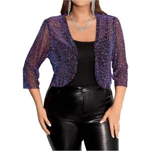image:imageFloerns Womens Plus Size Mesh 34 Sleeve Open Front Bolero Party Cropped Cardigan JacketPurple