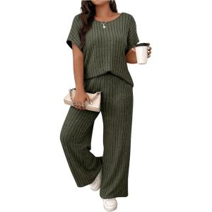 image:imageFloerns Womens Plus Size Short Sleeve Tee Shirt Wide Leg Pants 2 Piece TracksuitArmy Green