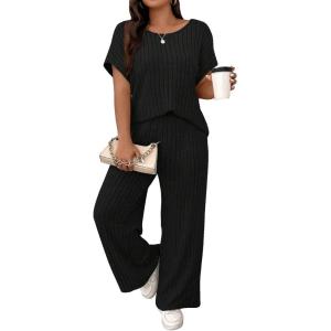 image:imageFloerns Womens Plus Size Short Sleeve Tee Shirt Wide Leg Pants 2 Piece TracksuitBlack
