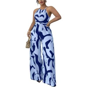 image:imageFloerns Womens Plus Size Twist Bow Tie Back Sleeveless Halter Jumpsuit Wide Leg One Piece OutfitBlue