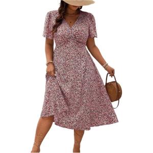 image:imageFloerns Womens Plus Size Twist Front V Neck Midi Dress Short Sleeve A Line DressesRed