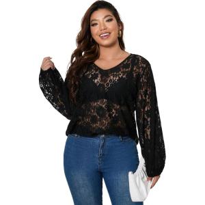 image:imageFloerns Womens Plus Size V Neck Long Sleeve Floral Lace See Through Blouse TopsBlack