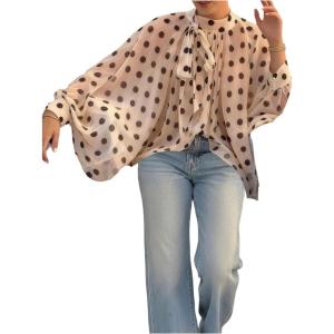 image:imageFloerns Womens Polka Dots Bishop Sleeve Shirts Tie Neck Mesh Dressy Casual Blouse TopsApricot