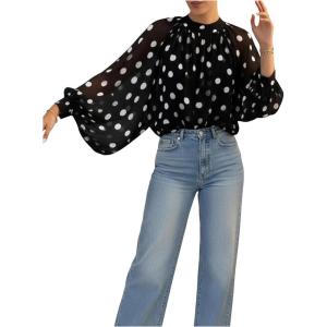 image:imageFloerns Womens Polka Dots Bishop Sleeve Shirts Tie Neck Mesh Dressy Casual Blouse TopsBlack