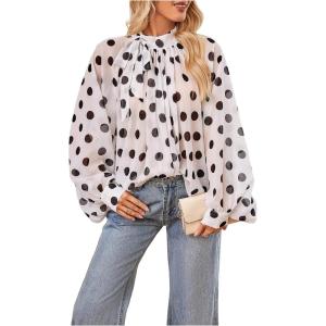 image:imageFloerns Womens Polka Dots Bishop Sleeve Shirts Tie Neck Mesh Dressy Casual Blouse TopsBlack and White