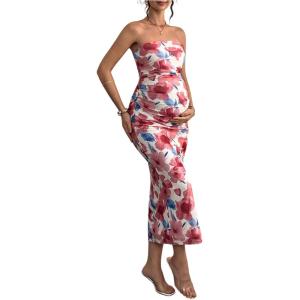 image:imageFloerns Womens Pregnancy Dress Floral Strapless Ruched Bodycon Slit Long Maternity DressesBurgundy Floral