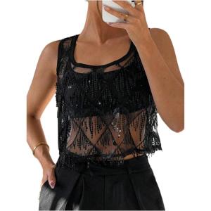 image:imageFloerns Womens Sparkly Sequin Mesh Sheer Top Y2k Sleeveless Square Neck Party Club Tank TopsBlack Sequin