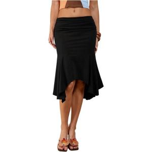 image:imageFloerns Womens Summer Midi Skirts Asymmetrical Ruffle Hem Ruched Date Night SkirtsBlack