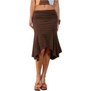 image:imageFloerns Womens Summer Midi Skirts Asymmetrical Ruffle Hem Ruched Date Night SkirtsBrown