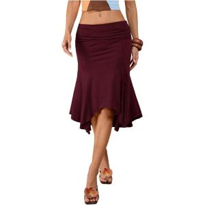 image:imageFloerns Womens Summer Midi Skirts Asymmetrical Ruffle Hem Ruched Date Night SkirtsBurgundy