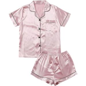 image:imageFloerns Womens Two Piece Pajama Sets Satin Short Sleeve Button Down Shirts and Shorts SetLight Pink