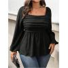 image:imageFloerns Womens Plus Size Square Neck Lantern Long Sleeve Ruffle Hem Peplum Blouse TopBlack