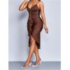 image:imageFloerns Womens V Neck Midi Dress Spaghetti Strap Ruffle Trim Slit Hem Cocktail Party Bodycon DressesBrown