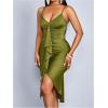 image:imageFloerns Womens V Neck Midi Dress Spaghetti Strap Ruffle Trim Slit Hem Cocktail Party Bodycon DressesGreen