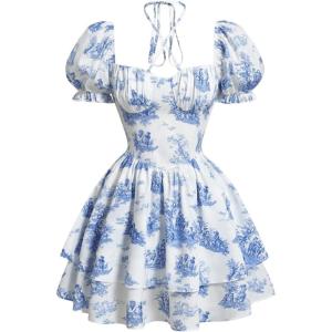 image:imageFloerns Womens Easter Spring Summer Cute Garden Party Birthday Travel Floral Layered Ruffle Halter Dress Puff Sleeve Flared Short Dresses 2026