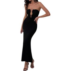 image:imageFloerns Womens Elegant Strapless Tube Cocktail Dress Sleeveless Fishtail Wedding Guest Long DressesBlack
